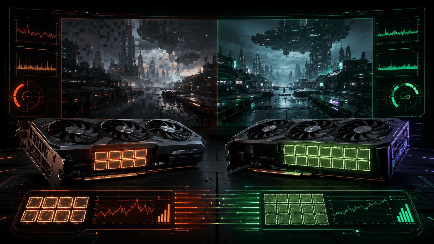 8 GB VRAM és 16 GB VRAM összehasonlítása két modern gamer videókártyával, futurisztikus teljesítménygrafikonokkal és játékbeli látványkülönbséggel
