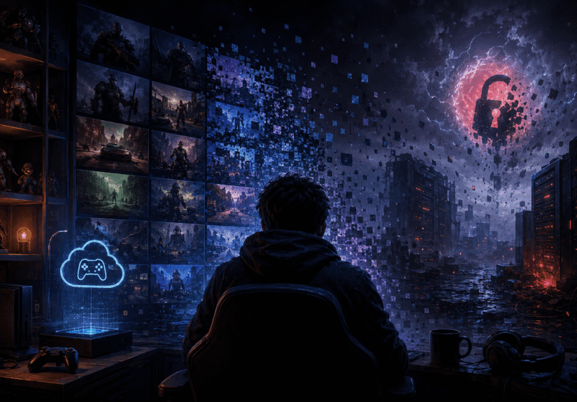 Sötét, neonfényes gamer szoba, ahol egy játékos a digitális játékkönyvtár szétesését és a szerverek leállásának fenyegetését figyeli.