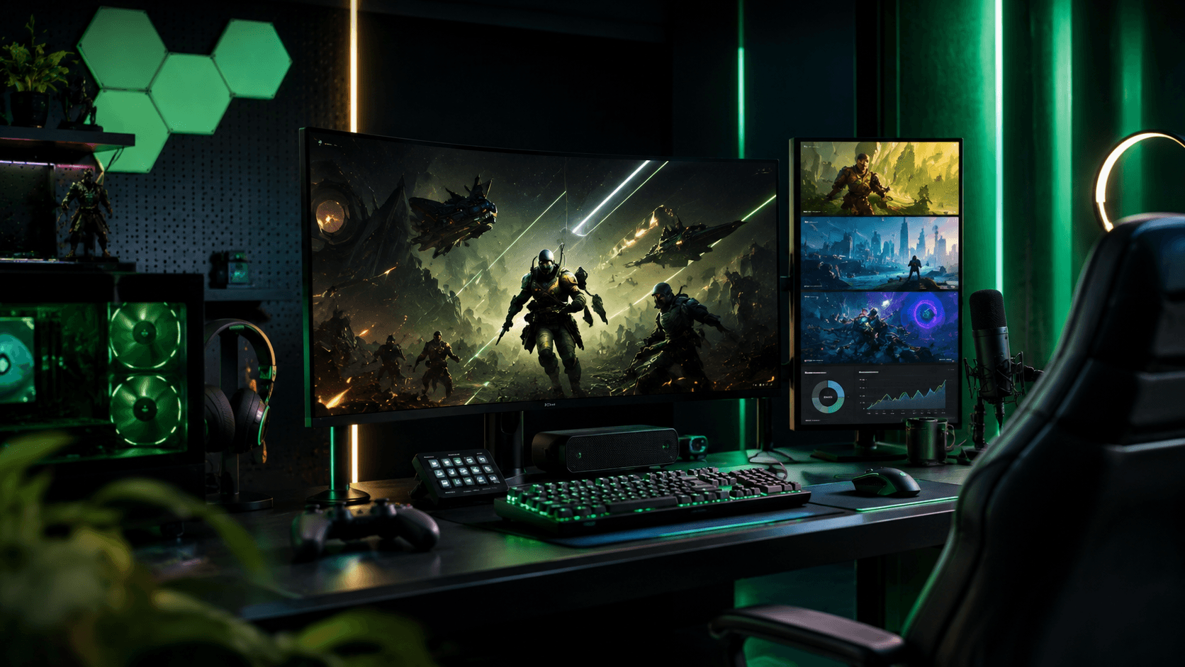 Nightgamer Magazin modern gamer szerkesztőségi környezetben, zöld neonfényekkel és professzionális gaming munkaállomással