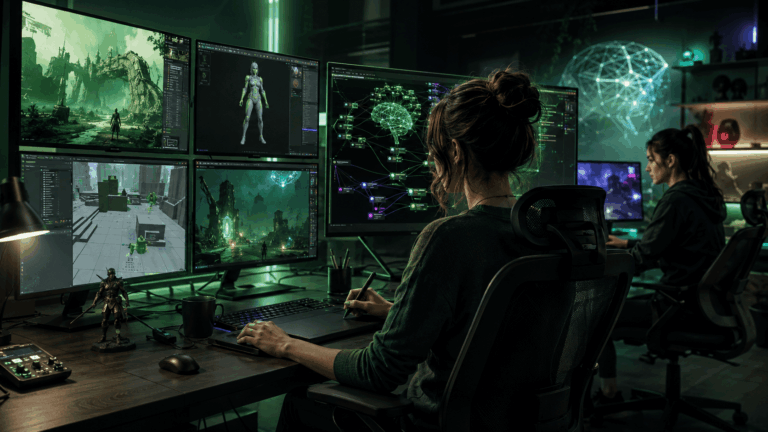AI játékfejlesztés modern gamer stúdióban, ahol női fejlesztők mesterséges intelligenciával formálnak egy futurisztikus videojáték-világot