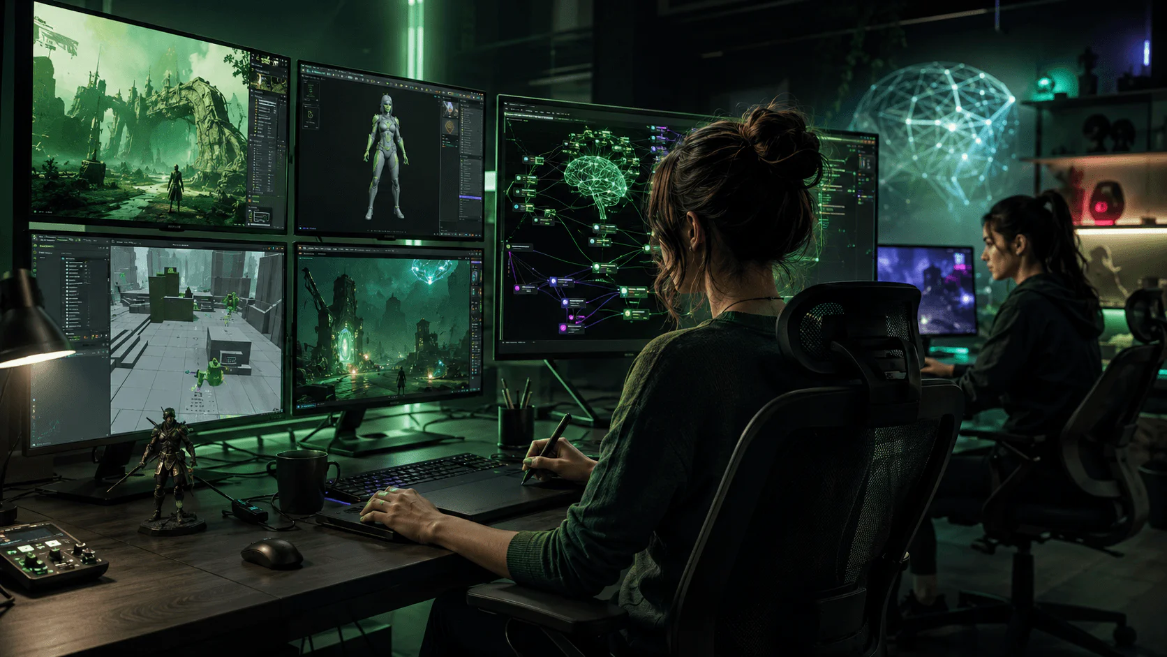 AI játékfejlesztés modern gamer stúdióban, ahol női fejlesztők mesterséges intelligenciával formálnak egy futurisztikus videojáték-világot