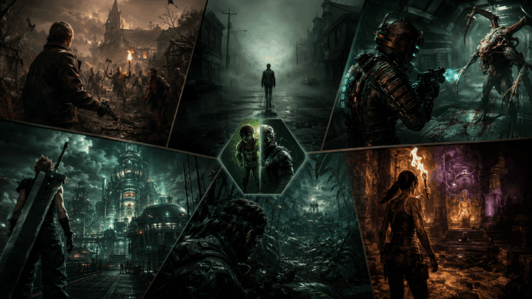 Videojáték remake témájú sötét gamer montázs klasszikus játékvilágokat idéző jelenetekkel, modern nosztalgikus magazinos stílusban