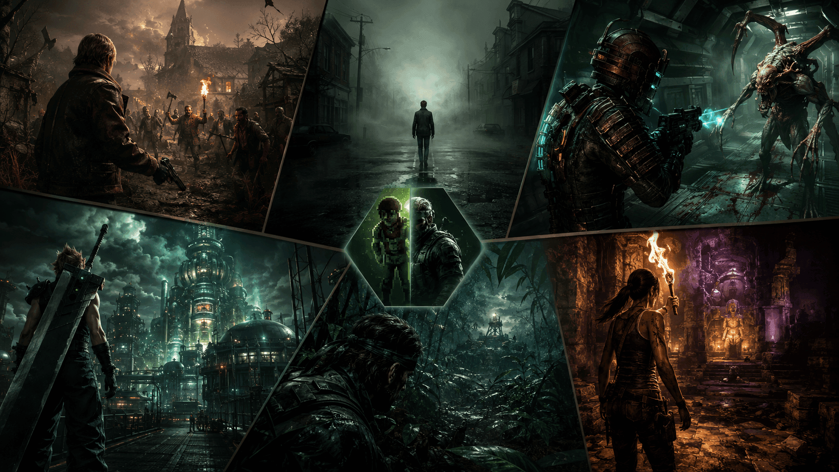 Videojáték remake témájú sötét gamer montázs klasszikus játékvilágokat idéző jelenetekkel, modern nosztalgikus magazinos stílusban
