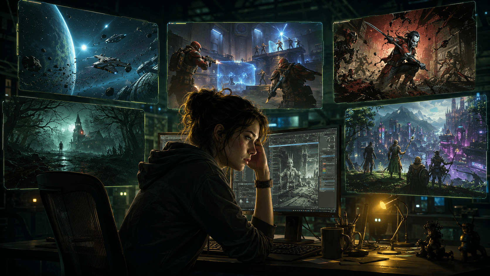 Kiégett játékfejlesztők és fáradt modern játékok hangulatát bemutató sötét gamer-tech jelenet