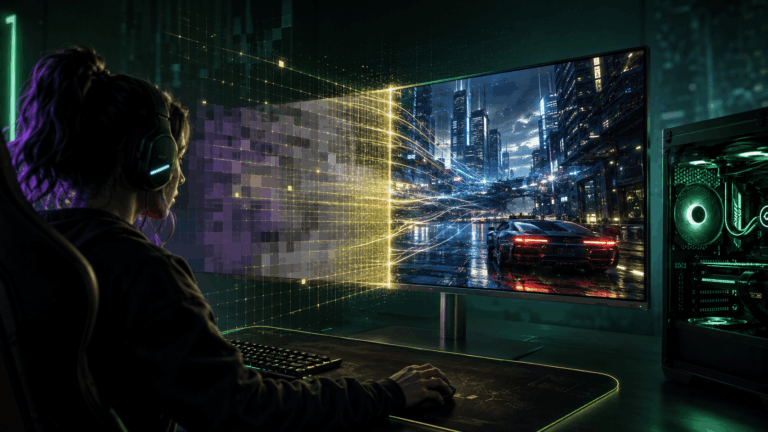 AI-grafika játékokban DLSS PSSR és FSR technológiákkal egy futurisztikus gamer környezetben