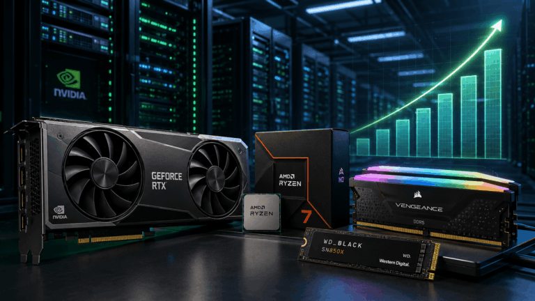 Gamer hardver árak emelkedése az AI-boom miatt, NVIDIA GeForce RTX videókártyával, AMD Ryzen processzorral, DDR5 RAM-mal és WD Black SSD-vel