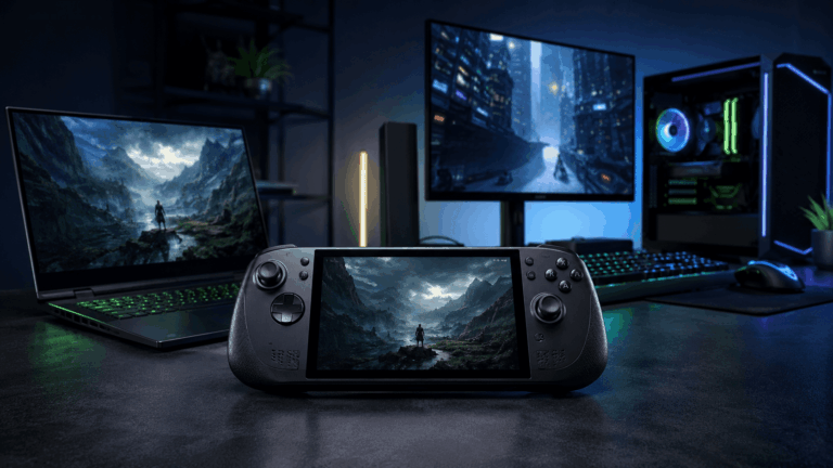Kézikonzol vagy gamer PC választás modern hordozható gamer géppel, gamer laptoppal és asztali PC-vel