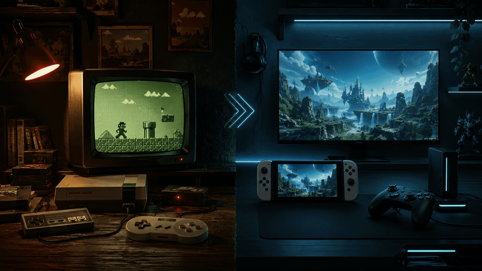 Nintendo remake játékok és nosztalgia modern gamer magazinos hangulatban retro konzollal és új generációs játékélménnyel