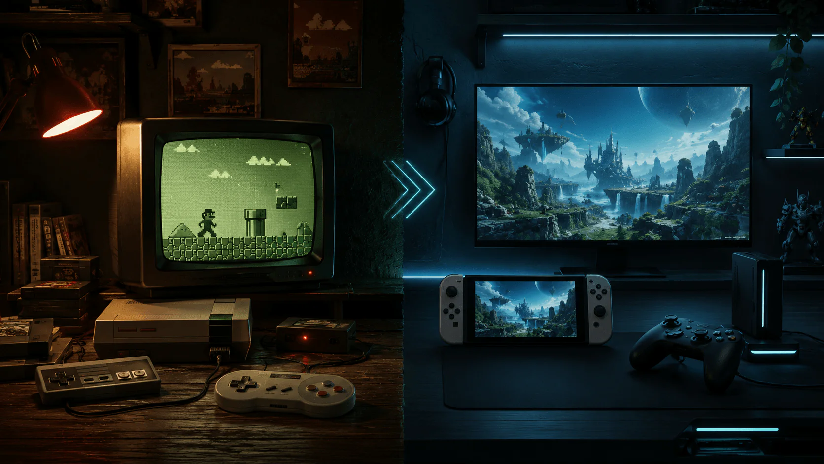 Nintendo remake játékok és nosztalgia modern gamer magazinos hangulatban retro konzollal és új generációs játékélménnyel
