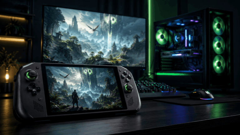 Modern gamer kézikonzol sötét technológiai környezetben, háttérben erős gamer PC-vel és nagy monitorral
