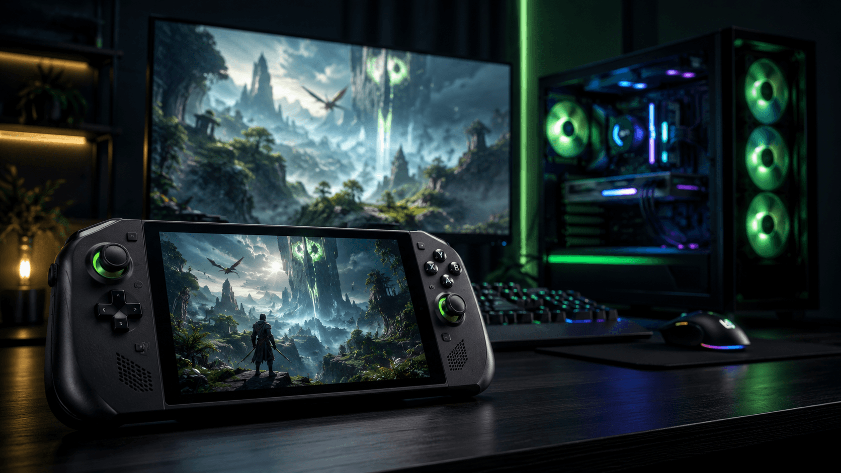 Modern gamer kézikonzol sötét technológiai környezetben, háttérben erős gamer PC-vel és nagy monitorral