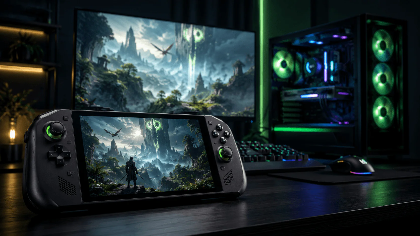 Modern gamer kézikonzol sötét technológiai környezetben, háttérben erős gamer PC-vel és nagy monitorral