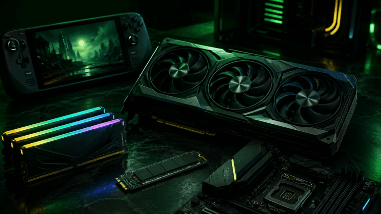 Gamer hardver árak emelkedése modern videókártyával, RAM modulokkal, SSD-vel és kézikonzollal sötétzöld technológiai háttérben