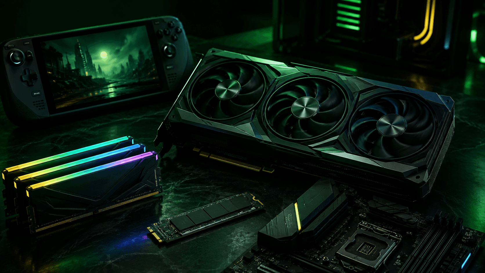 Gamer hardver árak emelkedése modern videókártyával, RAM modulokkal, SSD-vel és kézikonzollal sötétzöld technológiai háttérben