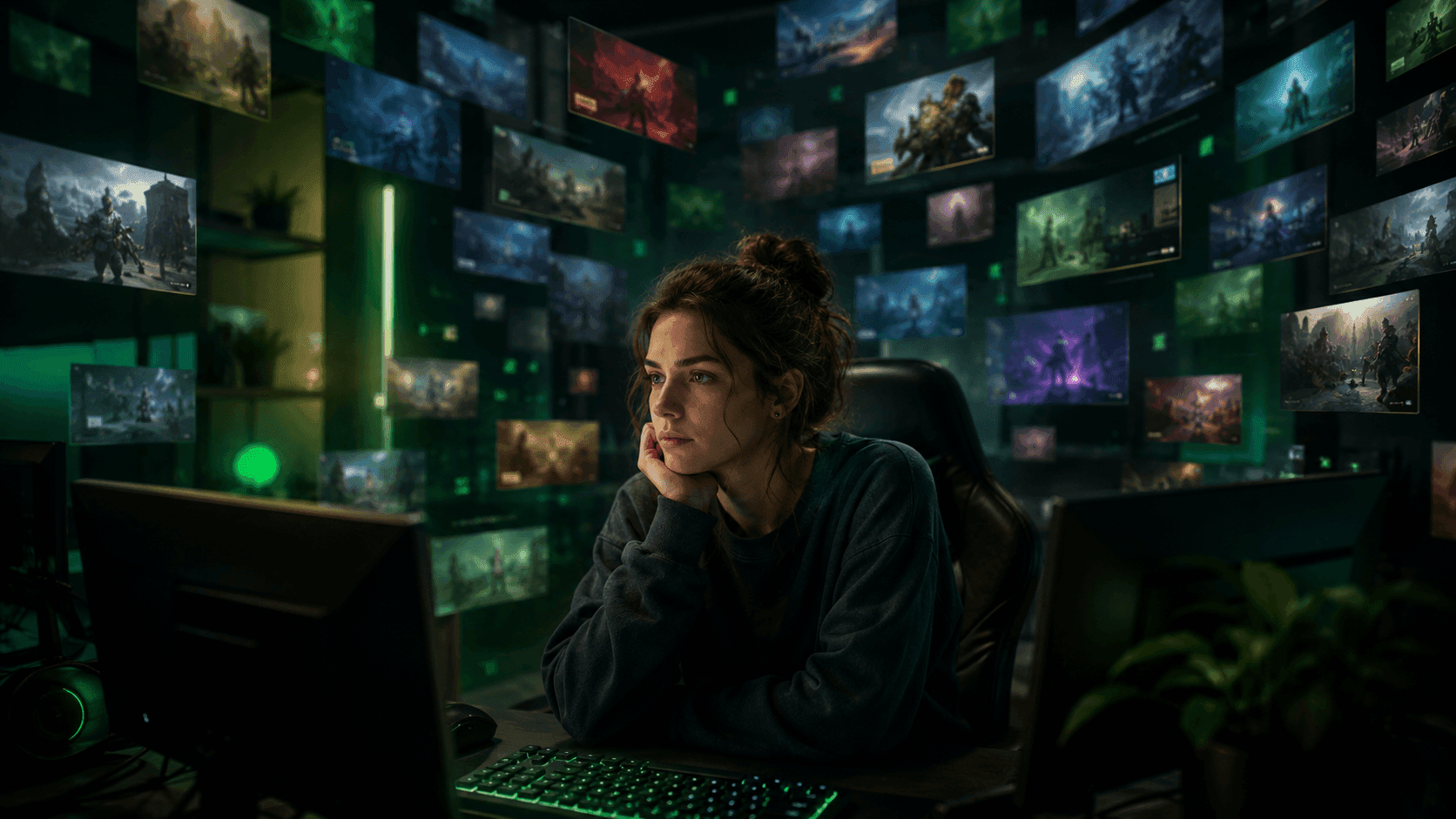 Sötét gamer szobában ülő női játékos több monitor és túlzsúfolt digitális játékkönyvtár között, ami a túl sok játék okozta döntési fáradtságot mutatja