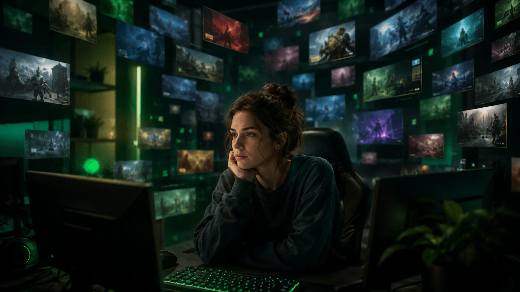 Sötét gamer szobában ülő női játékos több monitor és túlzsúfolt digitális játékkönyvtár között, ami a túl sok játék okozta döntési fáradtságot mutatja