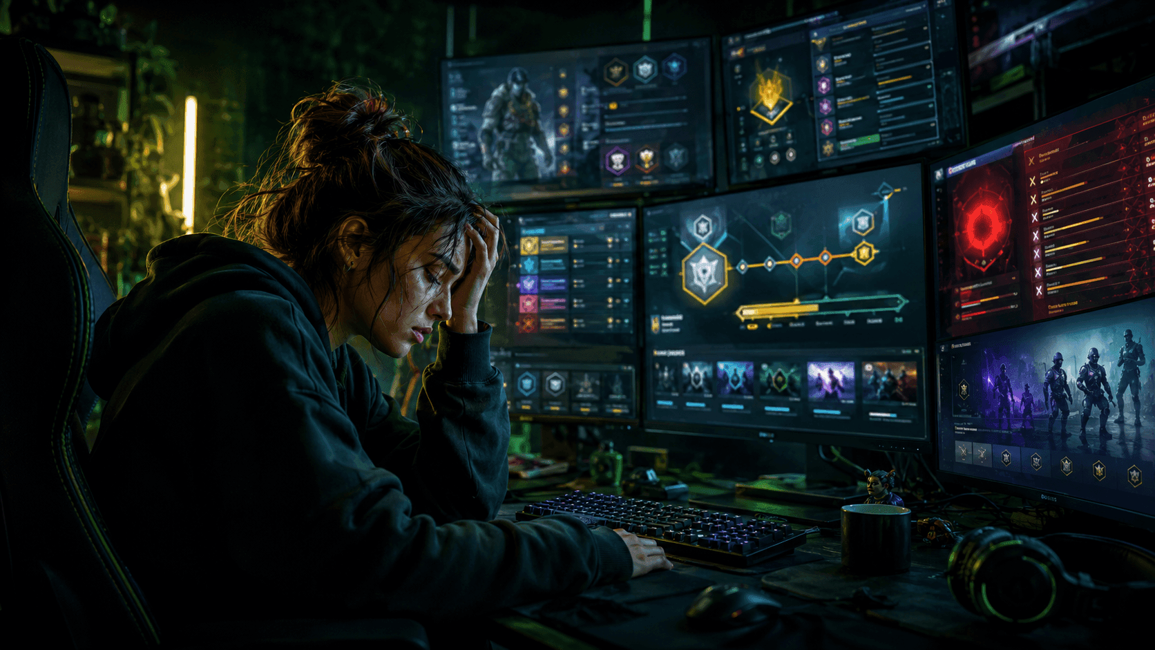 Fáradt női gamer több monitor előtt, ahol live service játékokra utaló napi feladatok, battle pass rendszerek és szezonális jutalmak láthatók