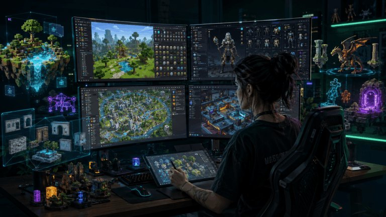 Modern gamer szoba több monitorral, ahol játékos által készített tartalom, pályaszerkesztés, modding és kreatív játékvilágok jelennek meg futurisztikus zöld-kék tech hangulatban.