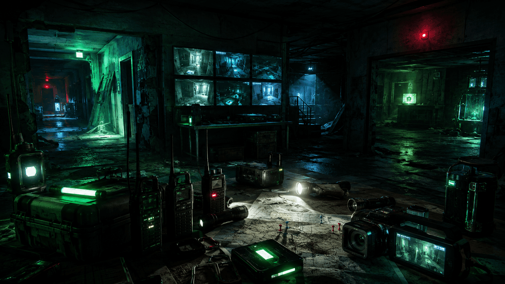 Co-op horror játékok barátokkal, elhagyatott irányítóteremmel, rádiókkal, térképpel és neon zöld horror hangulattal