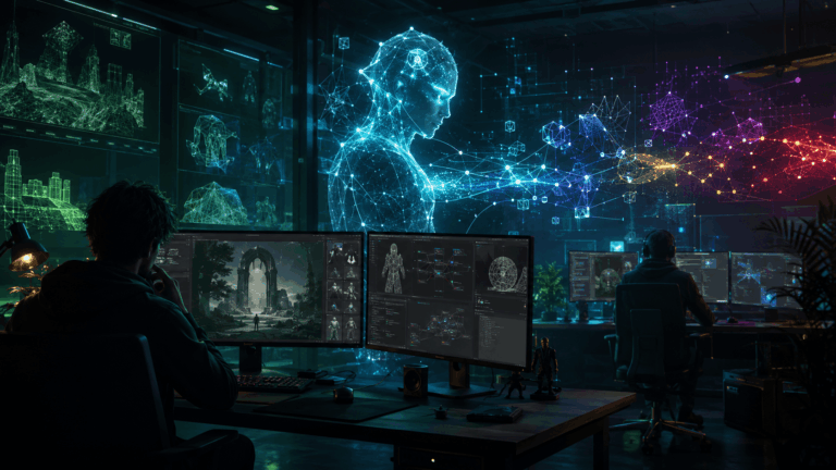 Generatív AI a játékfejlesztésben emberi fejlesztők és futurisztikus technológiai környezet között