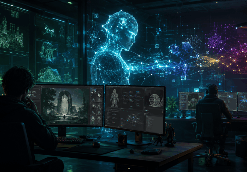 Generatív AI a játékfejlesztésben emberi fejlesztők és futurisztikus technológiai környezet között