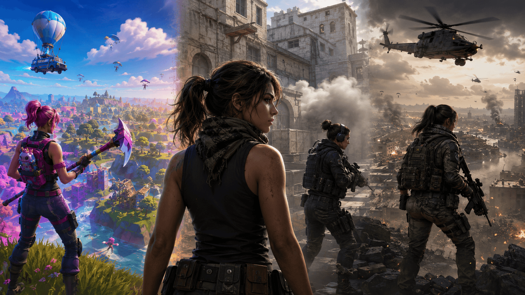 Női gamer karakter három multiplayer világ között Fortnite, CS2 és Warzone hangulatban