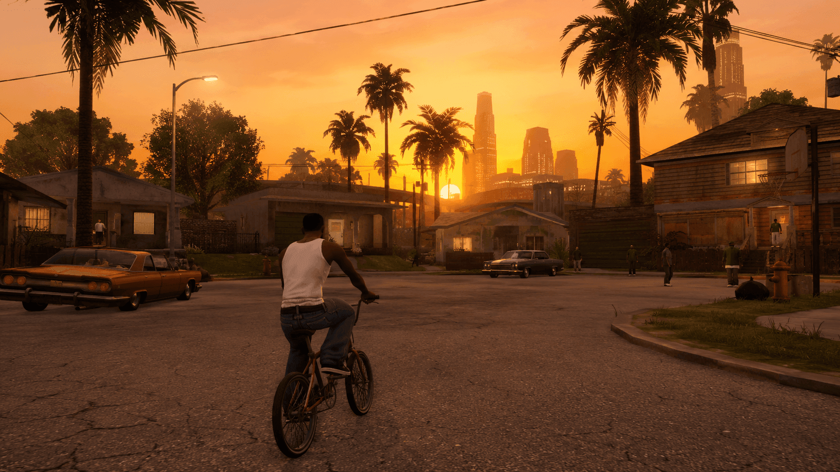 GTA San Andreas hangulatú retro open world jelenet naplementében, bicikliző főhőssel, pálmafákkal, lowrider autókkal és városi utcával
