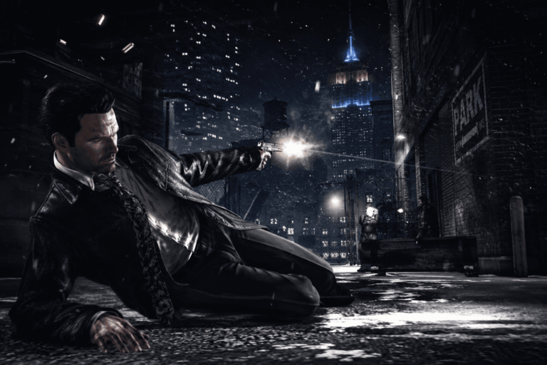 Sötét, havas nagyvárosi sikátorban játszódó noir akciójelenet bullet time hangulattal, amely a Max Payne retro teszt atmoszféráját idézi