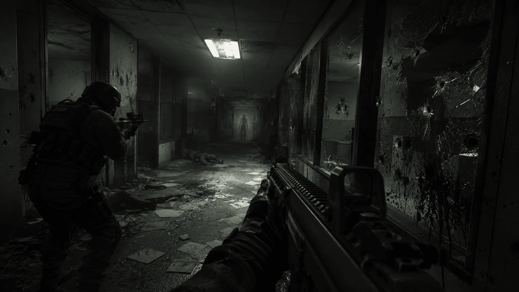 F.E.A.R. teszt 2026-ban sötét katonai folyosón zajló horror FPS hangulattal és taktikai tűzharccal