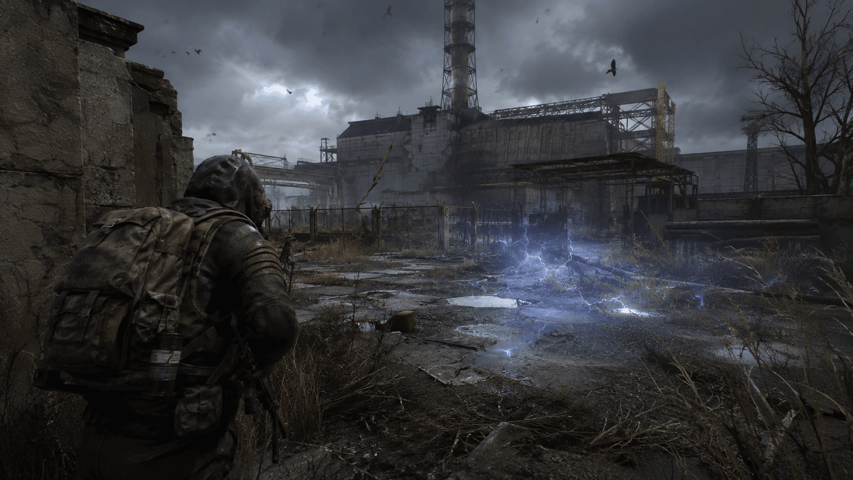 S.T.A.L.K.E.R. teszt 2026-ban, túlélő felszereléses stalker egy elhagyott ipari zónában, elektromos anomáliával és nyomasztó posztapokaliptikus hangulattal