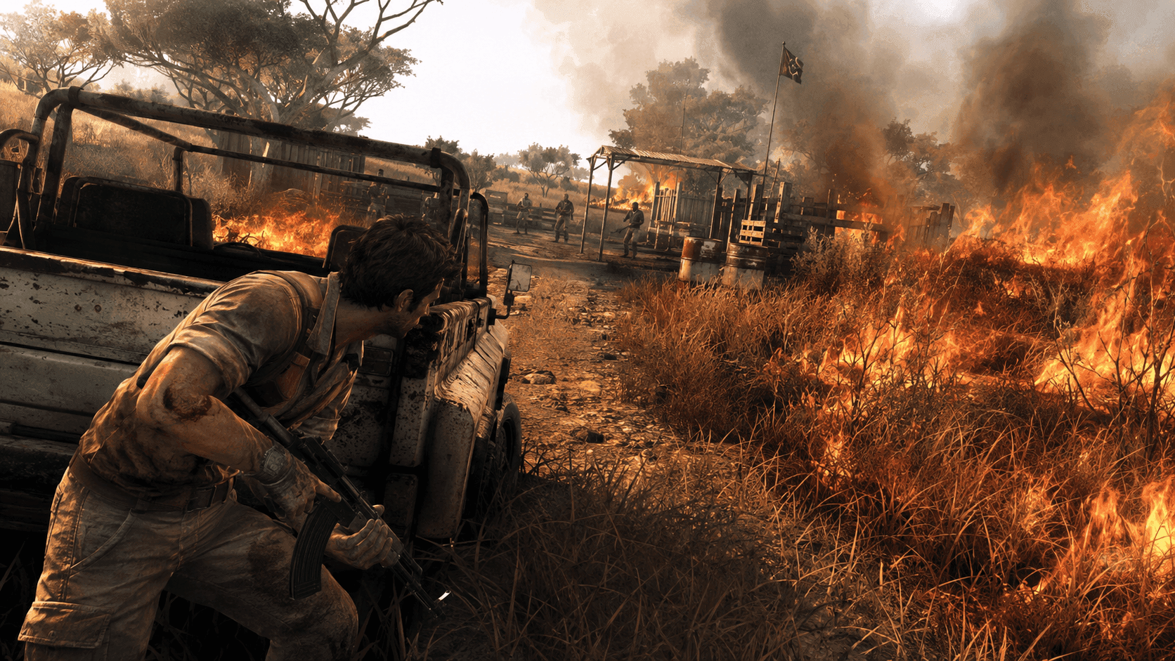 Far Cry 2 hangulatú harcjelenet terjedő bozóttűzzel és fegyveres zsoldossal