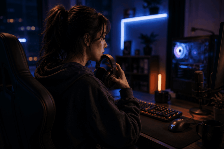 Női gamer az utolsó meccs előtt egy sötét hangulatú gaming szobában