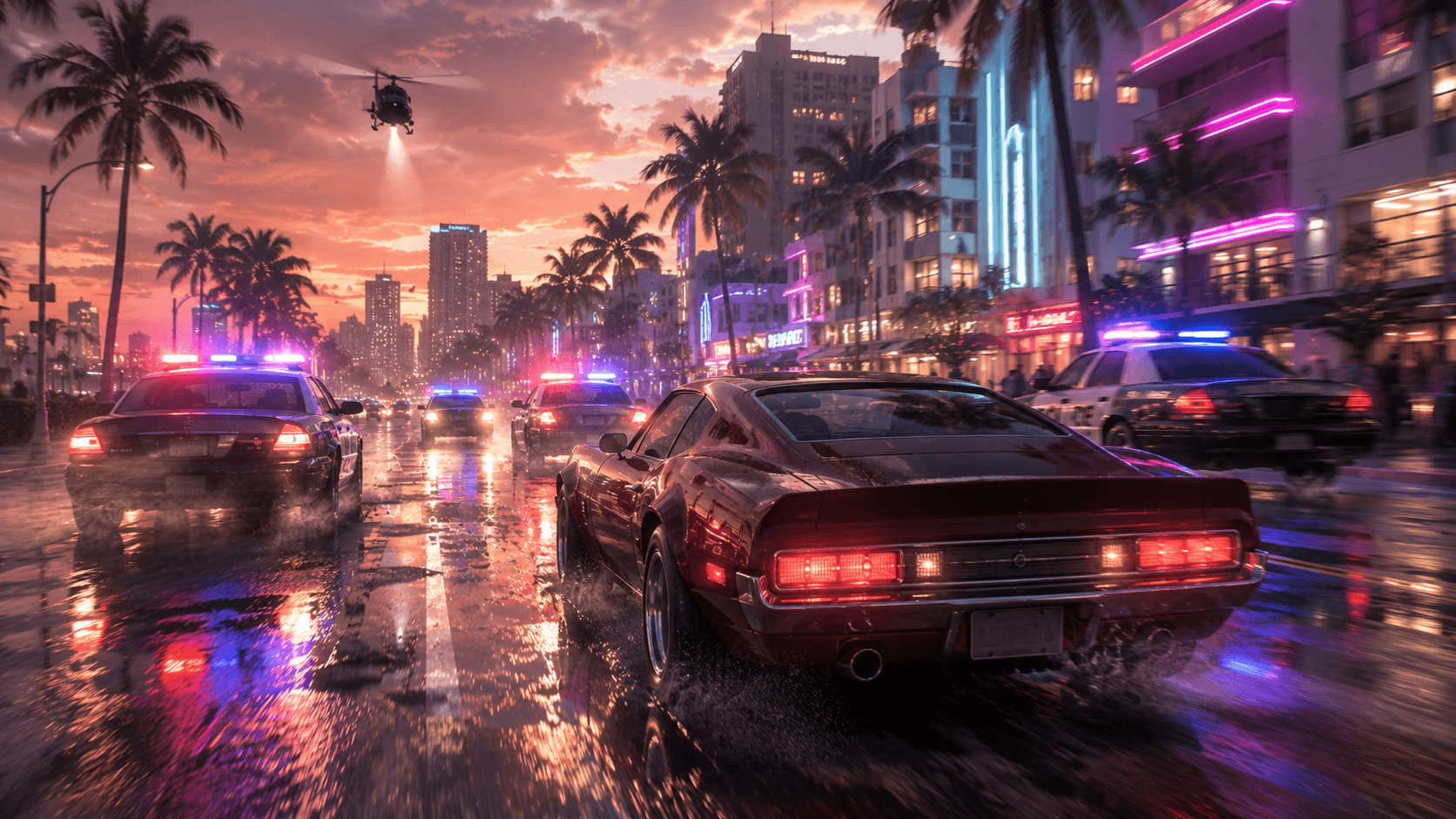 GTA 6 rendőrségi üldözés neonfényes Vice City ihlette utcán