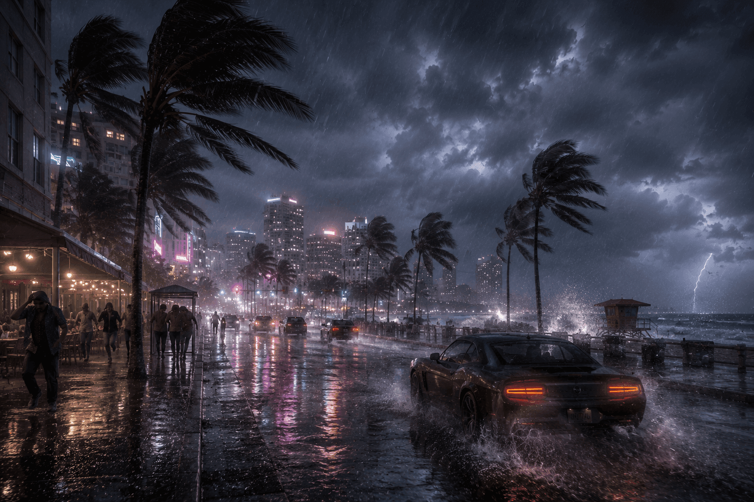 Trópusi vihar, heves eső és szél egy Vice City hangulatú tengerparti sugárúton a GTA 6 világát idéző környezetben.