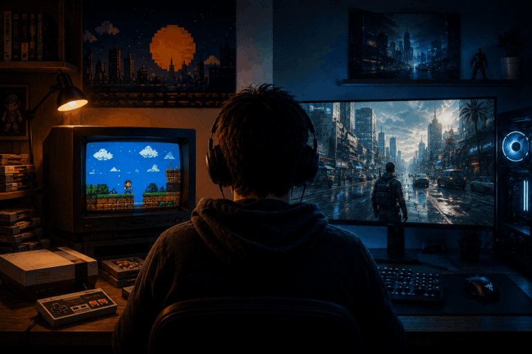 Retro konzolos játék és modern PC-s játékélmény közötti különbséget bemutató gamer jelenet.