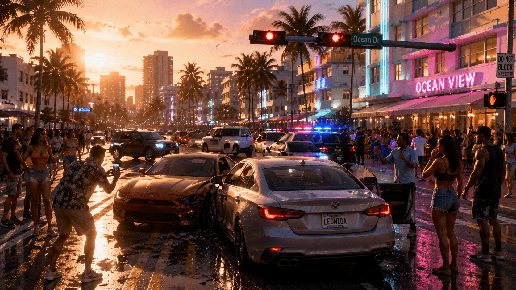 Forgalmas Vice City kereszteződés a GTA 6 hangulatában, ahol egy kisebb balesetre rendőrök, autósok és járókelők eltérően reagálnak, bemutatva a RAGE motor lehetőségeit.