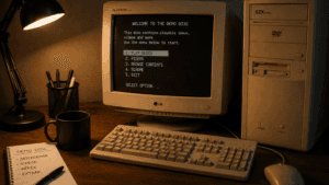 Régi CRT monitor demómenüvel egy korhű PC-s számítógépes asztalon