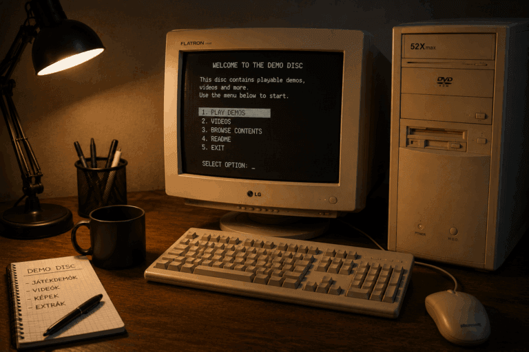Régi CRT monitor demómenüvel egy korhű PC-s számítógépes asztalon