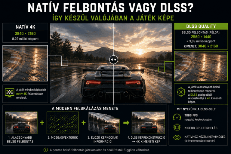 Infografika, amely bemutatja a natív 4K renderelés és a DLSS Quality felskálázás közötti különbséget, valamint a képrekonstrukció folyamatát.