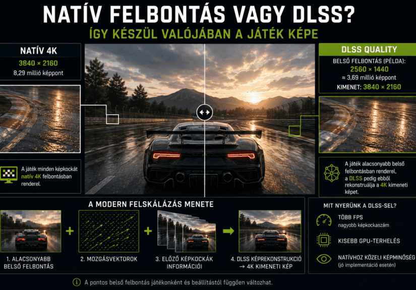 Infografika, amely bemutatja a natív 4K renderelés és a DLSS Quality felskálázás közötti különbséget, valamint a képrekonstrukció folyamatát.