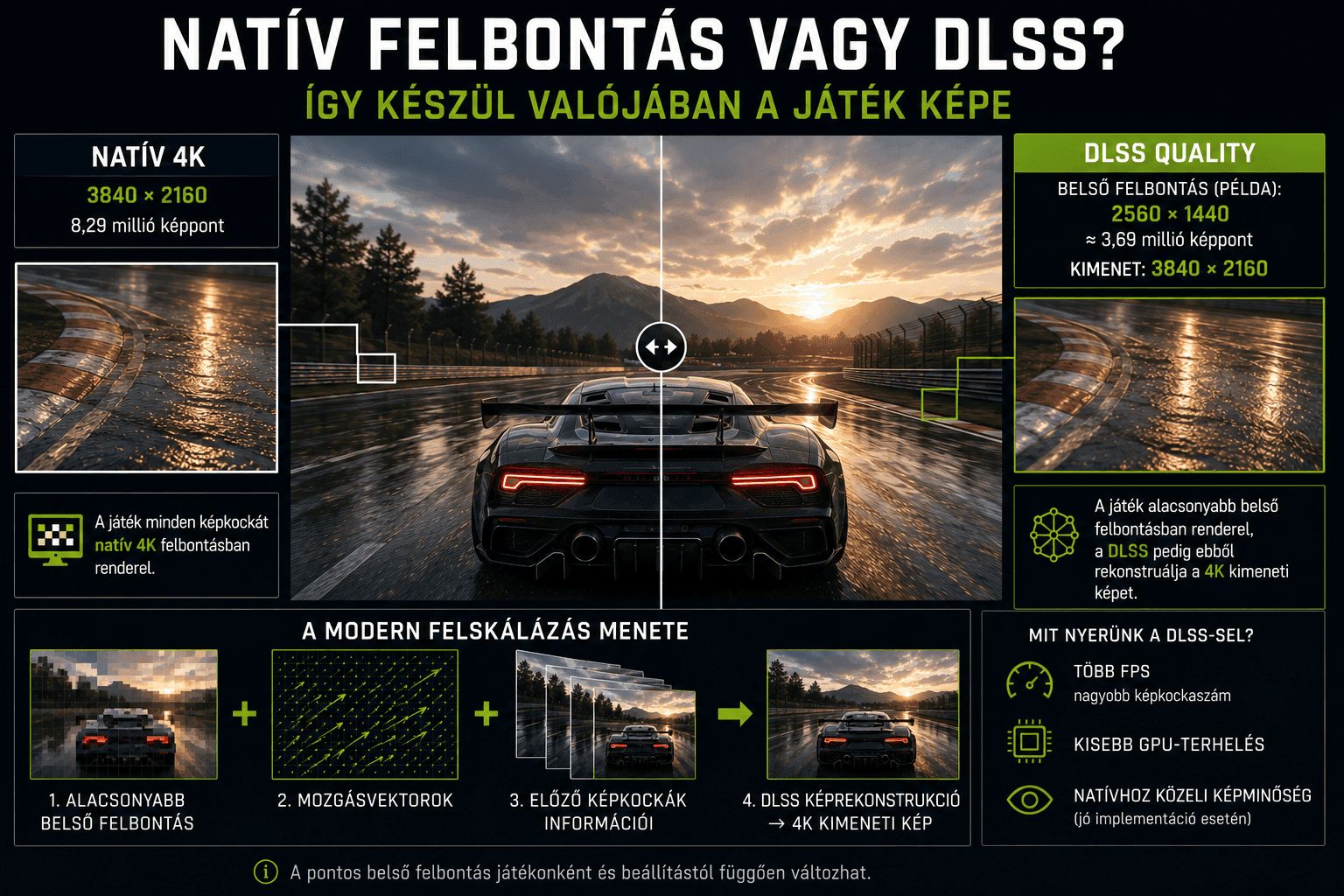 Infografika, amely bemutatja a natív 4K renderelés és a DLSS Quality felskálázás közötti különbséget, valamint a képrekonstrukció folyamatát.