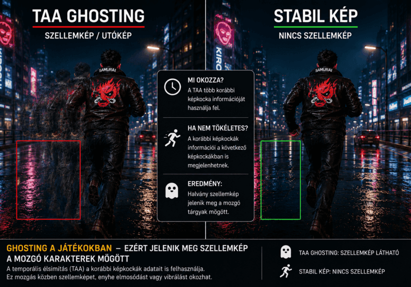 Infografika, amely bemutatja a TAA ghosting jelenségét: bal oldalon szellemképes mozgás, jobb oldalon stabil kép utókép nélkül.