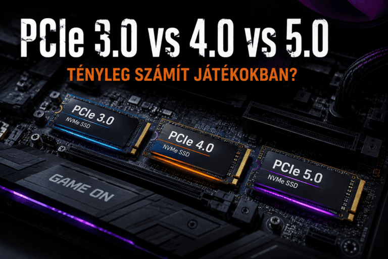 PCIe 3.0, PCIe 4.0 és PCIe 5.0 NVMe SSD-k összehasonlítása gamer alaplapon, játékos PC háttérrel.