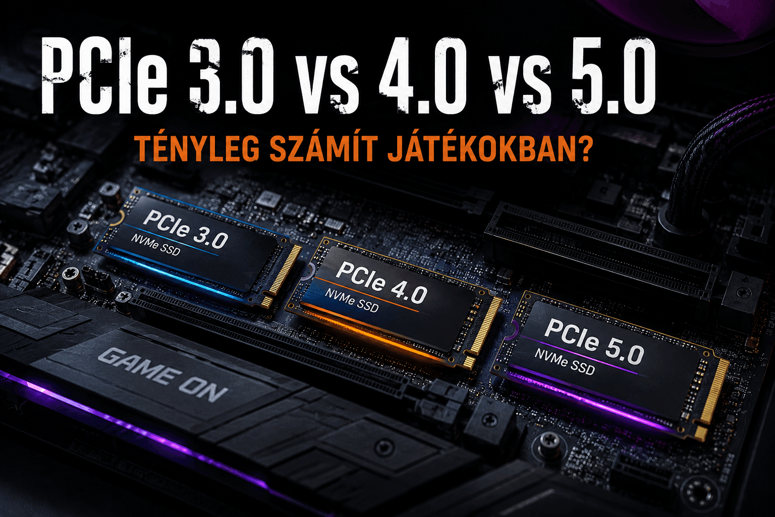 PCIe 3.0, PCIe 4.0 és PCIe 5.0 NVMe SSD-k összehasonlítása gamer alaplapon, játékos PC háttérrel.