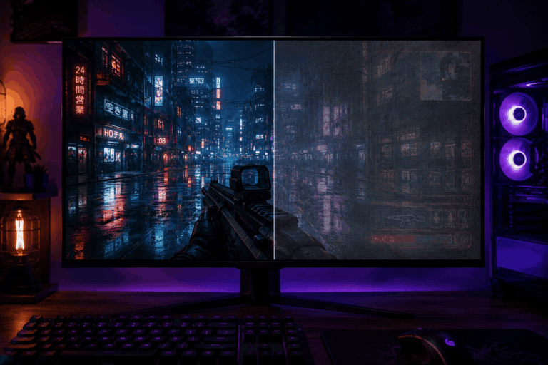 OLED gamer monitor összehasonlítása, amelyen bal oldalon hibátlan kép, jobb oldalon HUD-beégés szimuláció látható.