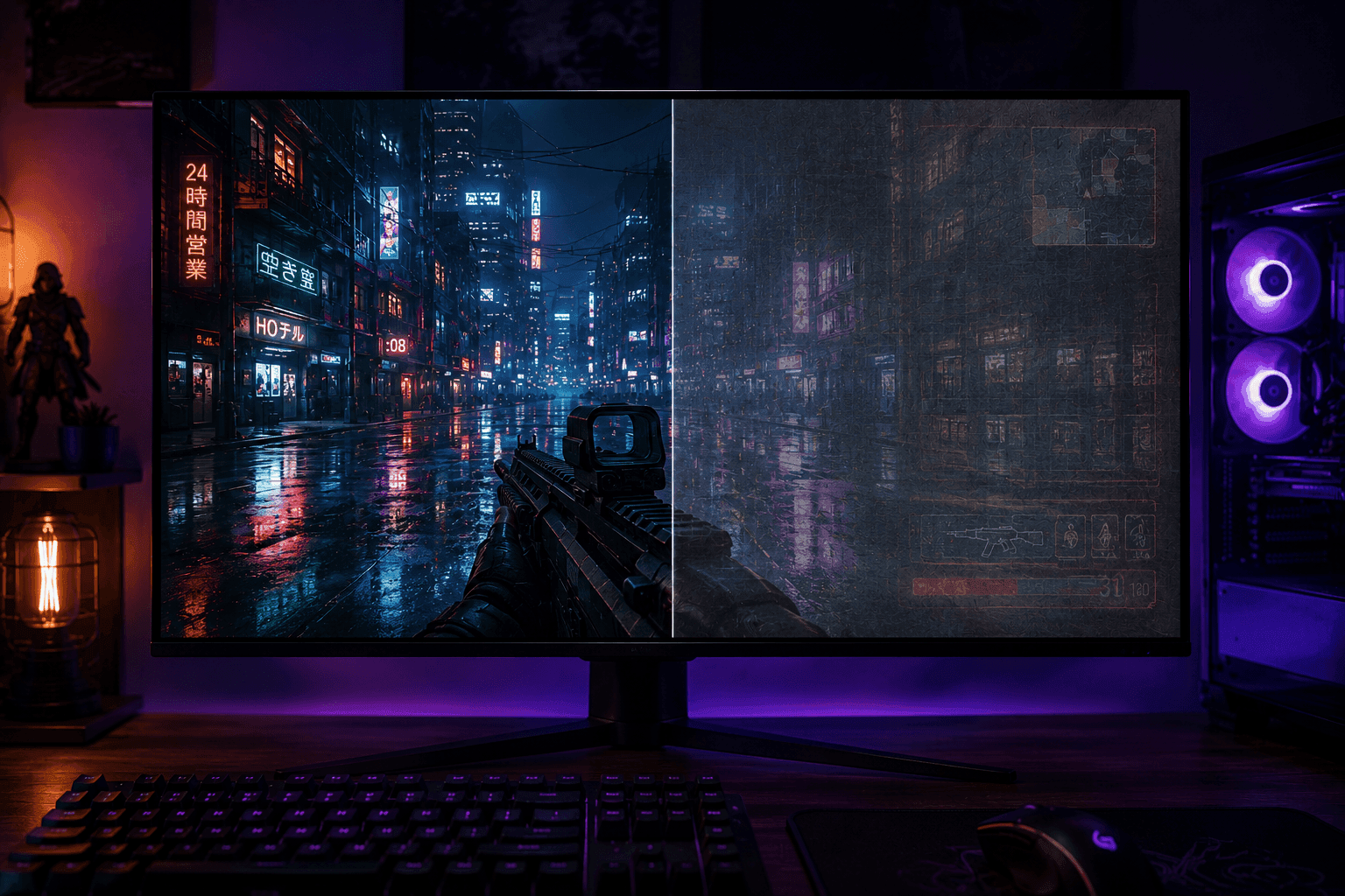 OLED gamer monitor összehasonlítása, amelyen bal oldalon hibátlan kép, jobb oldalon HUD-beégés szimuláció látható.