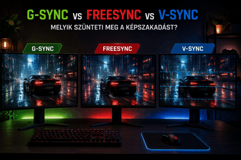 Három monitoron látható a G-Sync, FreeSync és V-Sync működésének összehasonlítása játék közbeni képszakadás szemléltetésével.
