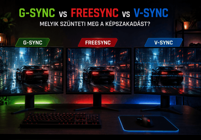 Három monitoron látható a G-Sync, FreeSync és V-Sync működésének összehasonlítása játék közbeni képszakadás szemléltetésével.