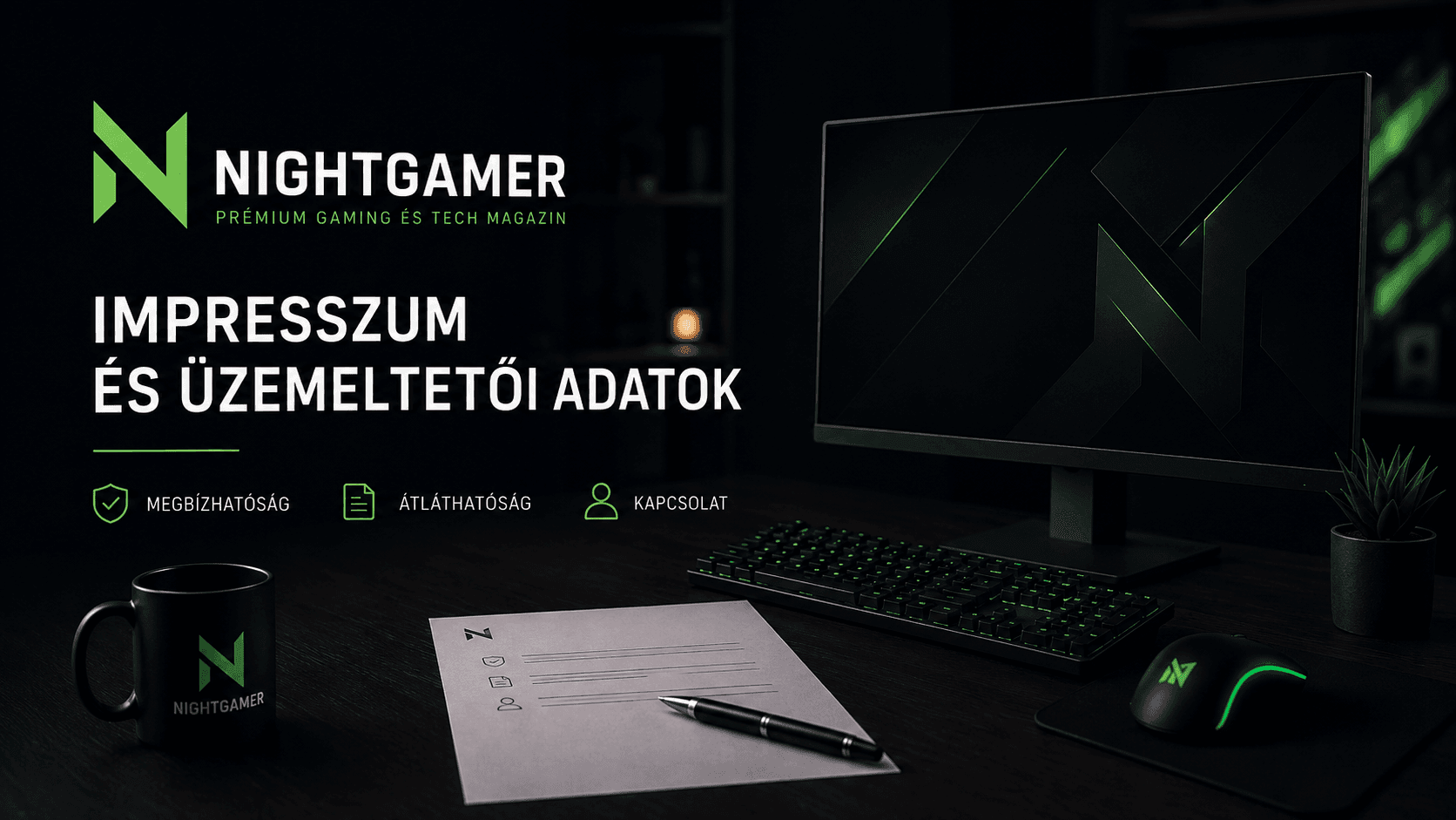 Nightgamer Impresszum és üzemeltetői adatok sötét tech magazinos környezetben