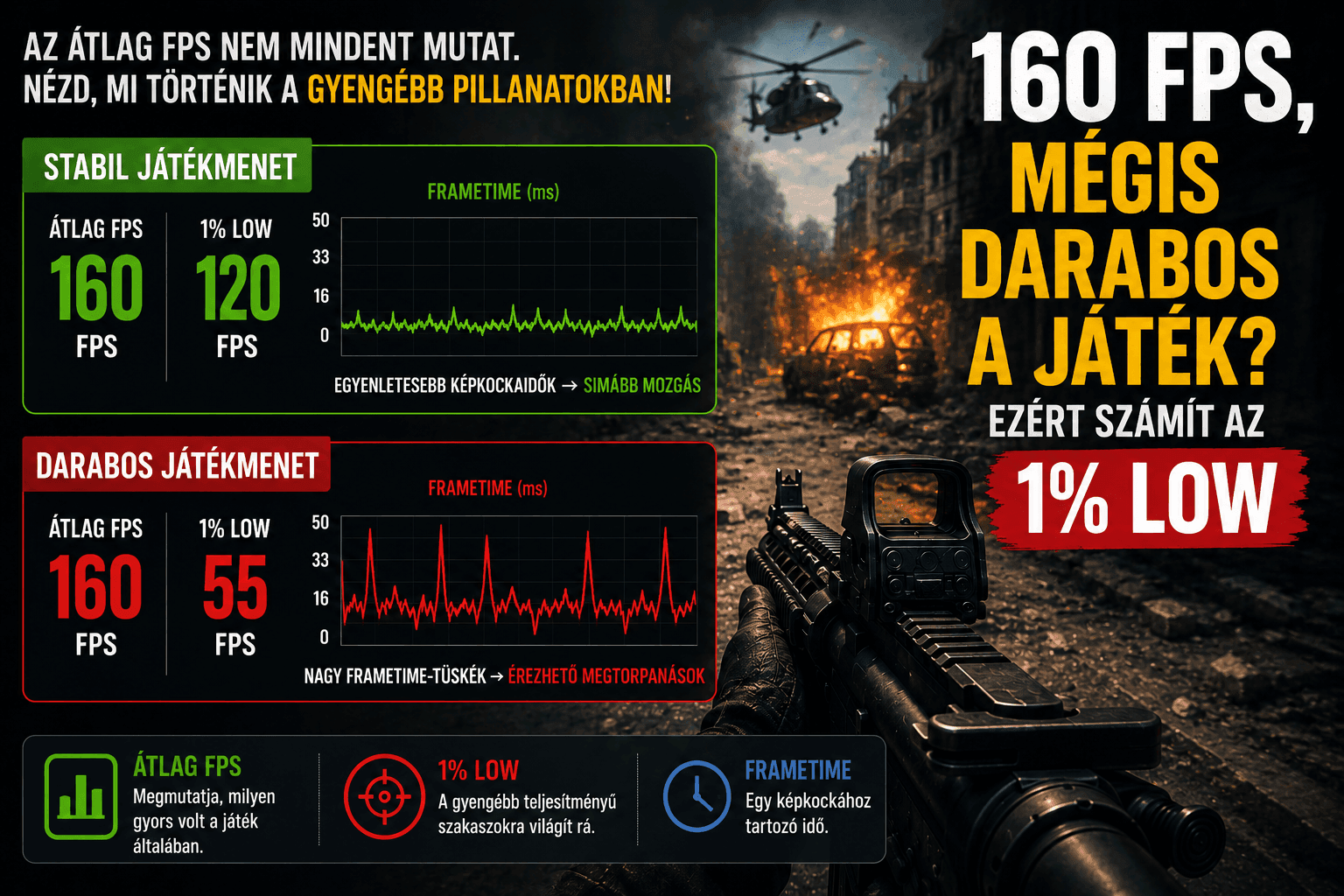 1% low FPS és frametime összehasonlítás játék közben